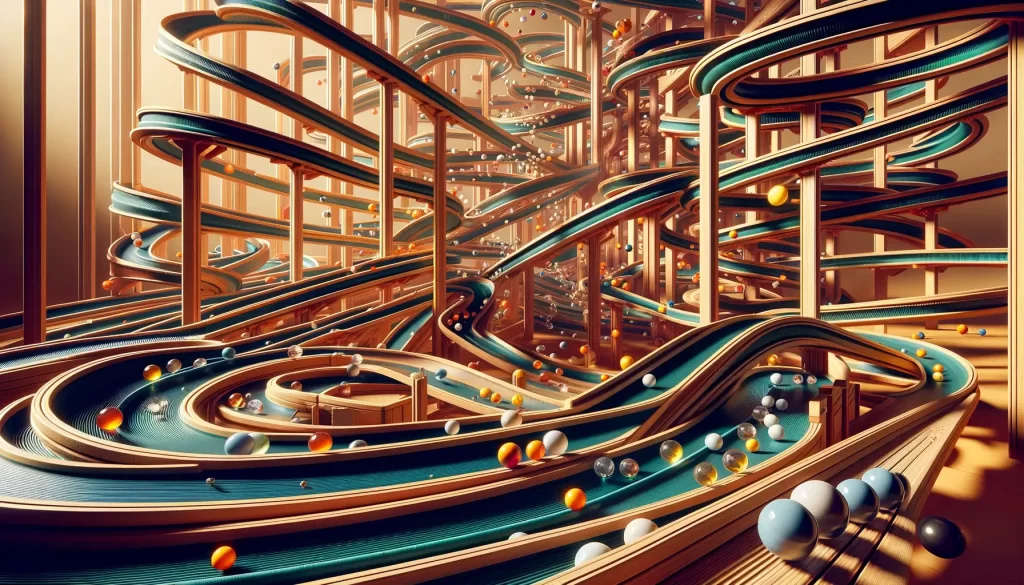 A photo-realistic, high-definition image depicting the theme 'The Joy of Marble Run Racing'.