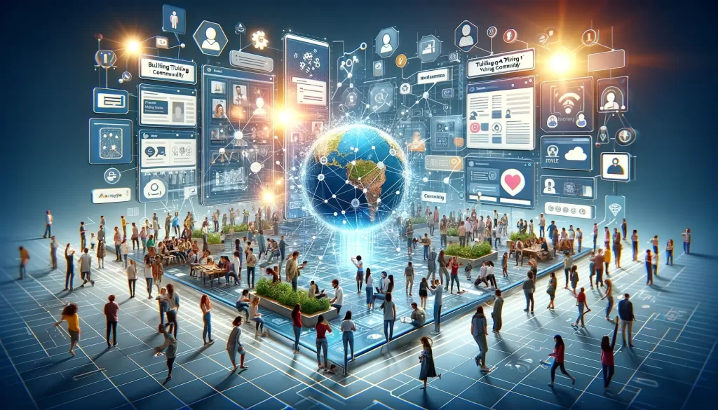 a photo-realistic, high-definition image representing an online 'Building a Thriving Community'.