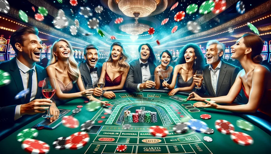 A digital photograph depicting a lively scene inside a casino. There are six people seated around a gambling table