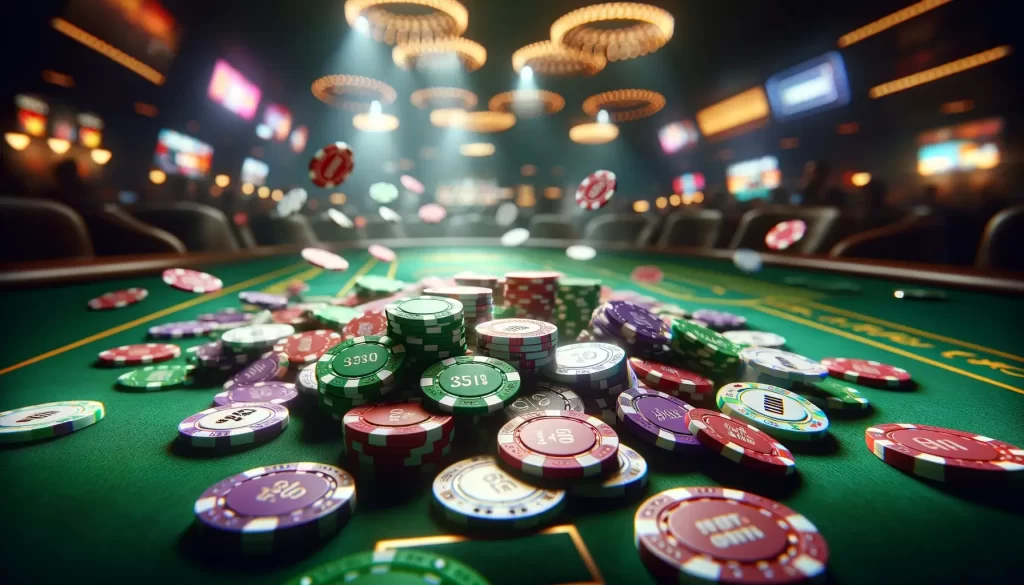 A digital photograph capturing a close-up view of colorful poker chips scattered on a green felt table surface