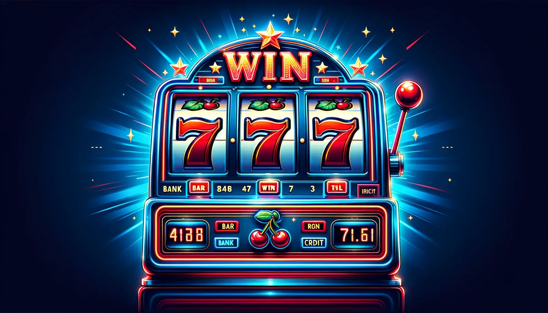 an image of a classic slot machine display, with a vibrant color scheme featuring blue and red hues.