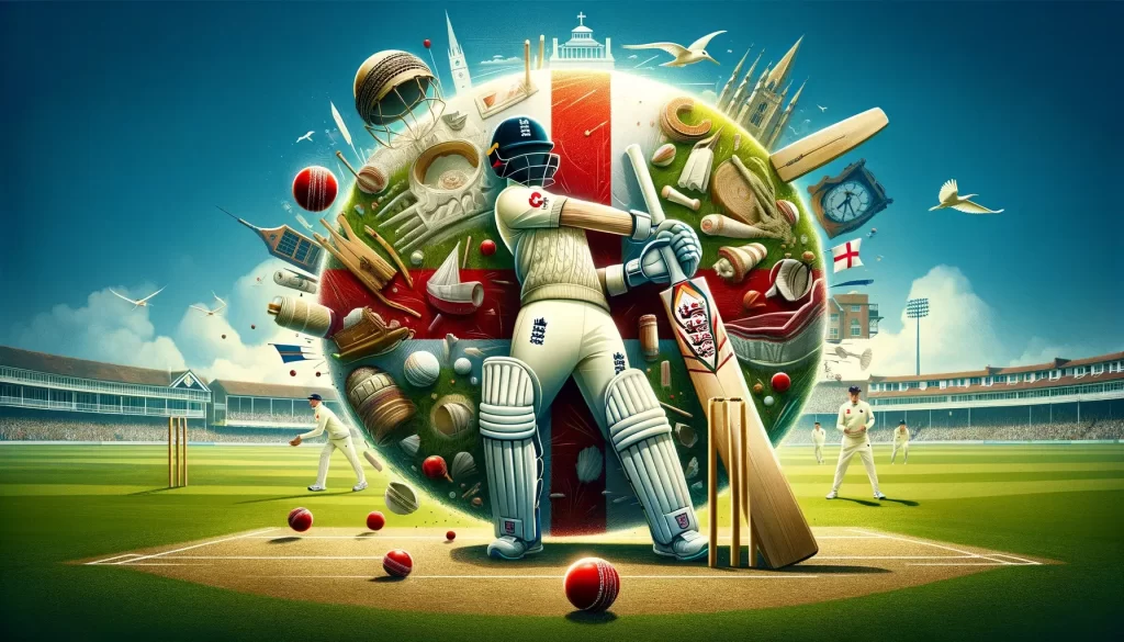 the essence of their rich cricketing heritage, featuring traditional cricket whites, the England team logo, and iconic cricket elements set against the backdrop of an English cricket ground.