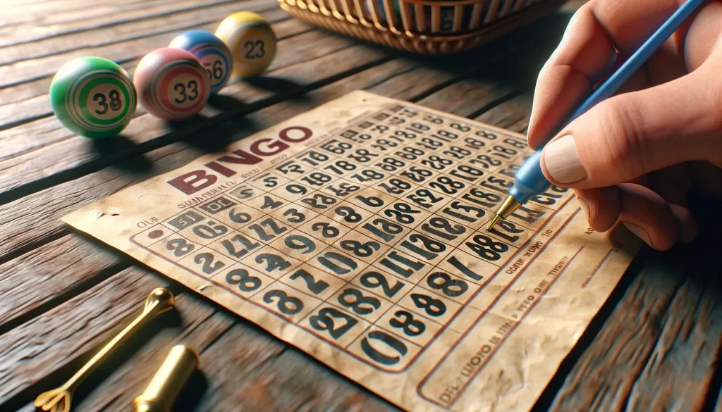 e a series of colored BINGO balls with visible numbers, and a brass bingo ball selector on a wooden table, depicting a scene of someone engaged in a game of bingo.