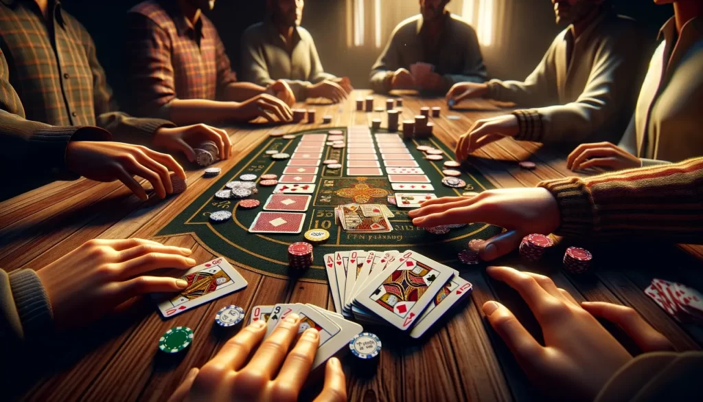 a group of people playing Rummy, with their hands holding cards over a game table that has cards laid out in an organized fashion, highlighting the strategic nature of the game. The setting suggests a cozy, intimate atmosphere, possibly in a room with warm lighting.