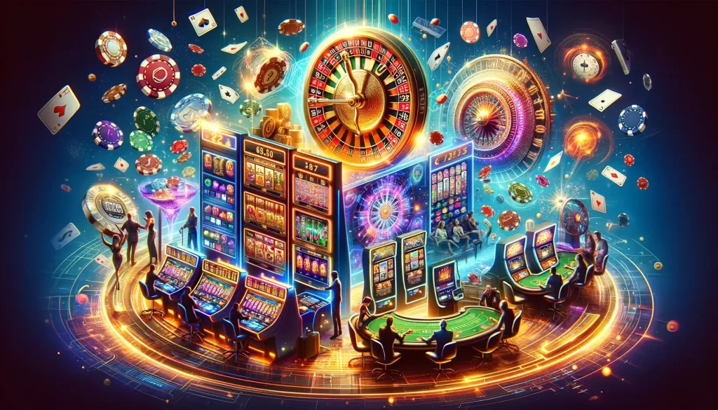 This illustration further captures the dynamic and enticing world of online gambling, featuring iconic elements and emphasizing the accessibility and global appeal of online casinos.