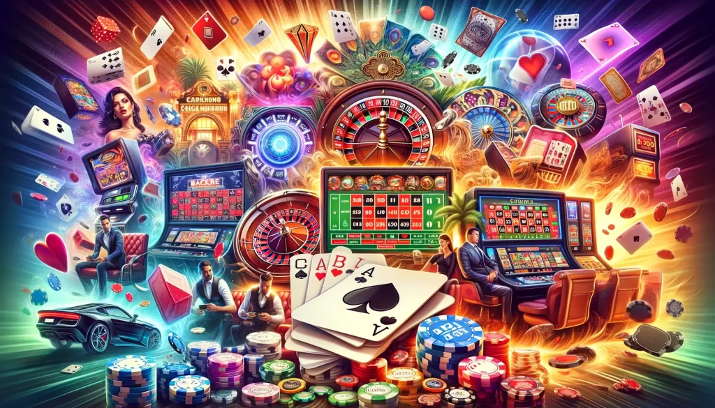 This design showcases a collage of popular casino games, capturing the excitement and variety of online gambling and appealing to a wide audience of online casino enthusiasts.