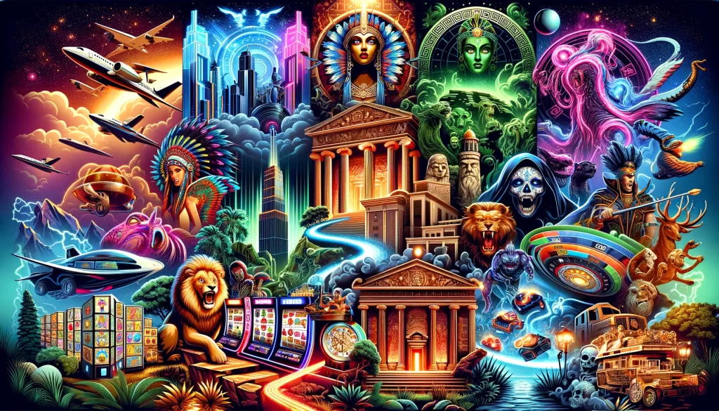 showcases a dynamic collage of elements from various themes, reflecting the diversity and excitement of the year's top slot games and capturing the essence of innovative online gaming.