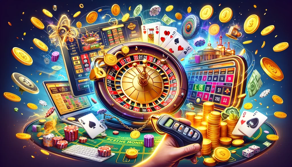 This image vividly depicts the excitement and allure of online gambling, with elements such as digital roulette wheels, virtual poker tables, and animated slot machines, all set against a vibrant, dynamic atmosphere that's typical of an online casino.