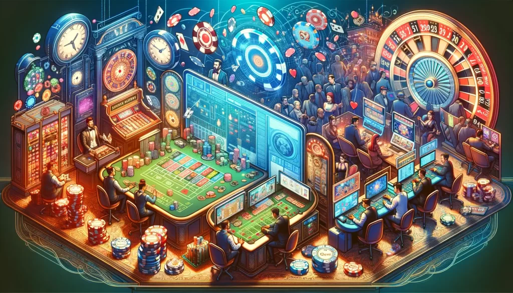This image further explores the juxtaposition between the digital world of online casinos and the traditional casino environment, capturing the unique dialogue between these two aspects of gambling.