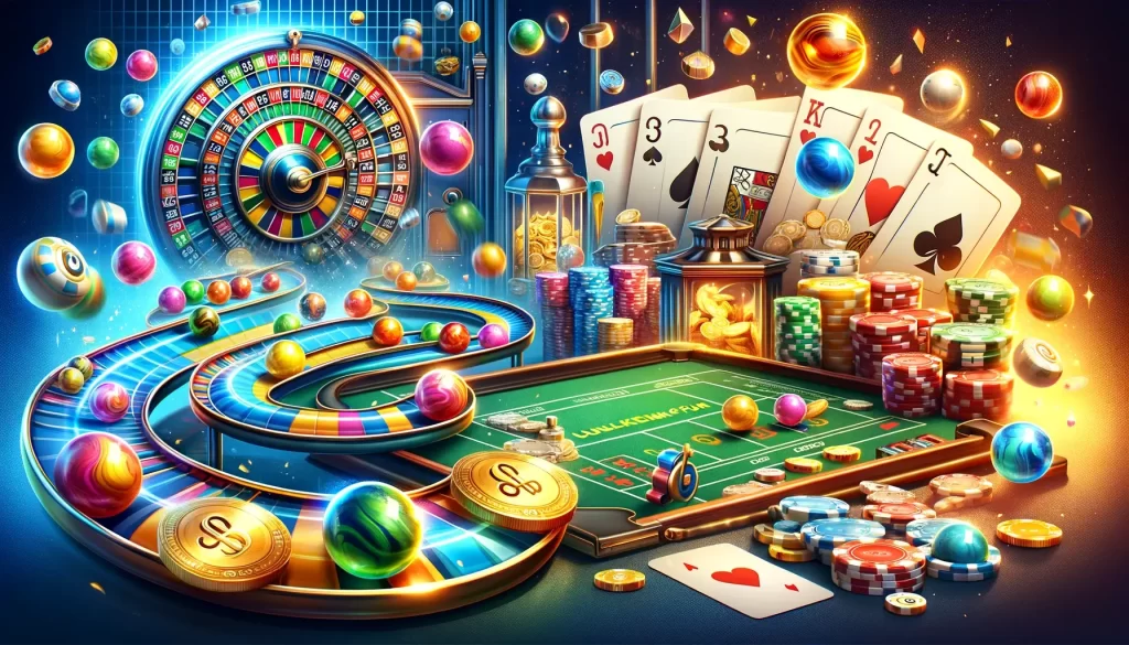 the dynamic and exciting atmosphere of free online casino gaming, including elements from the marble race game and live poker, along with visual representations of various bonuses
