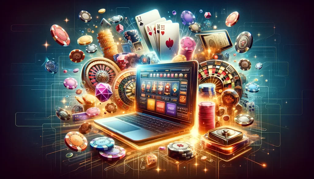 This image captures the essence of a sophisticated, online casino environment, featuring elements that highlight the convenience and immersive experience of online gambling.