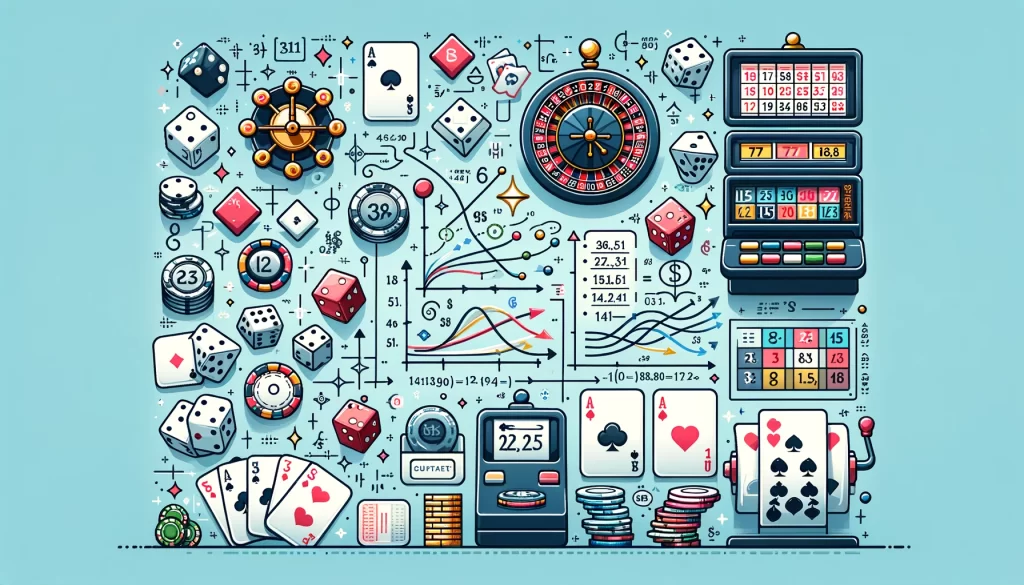 The design incorporates elements like dice, cards, slot machine reels, and roulette, along with mathematical symbols and graphs, to depict the calculation of odds and probabilities effectively.