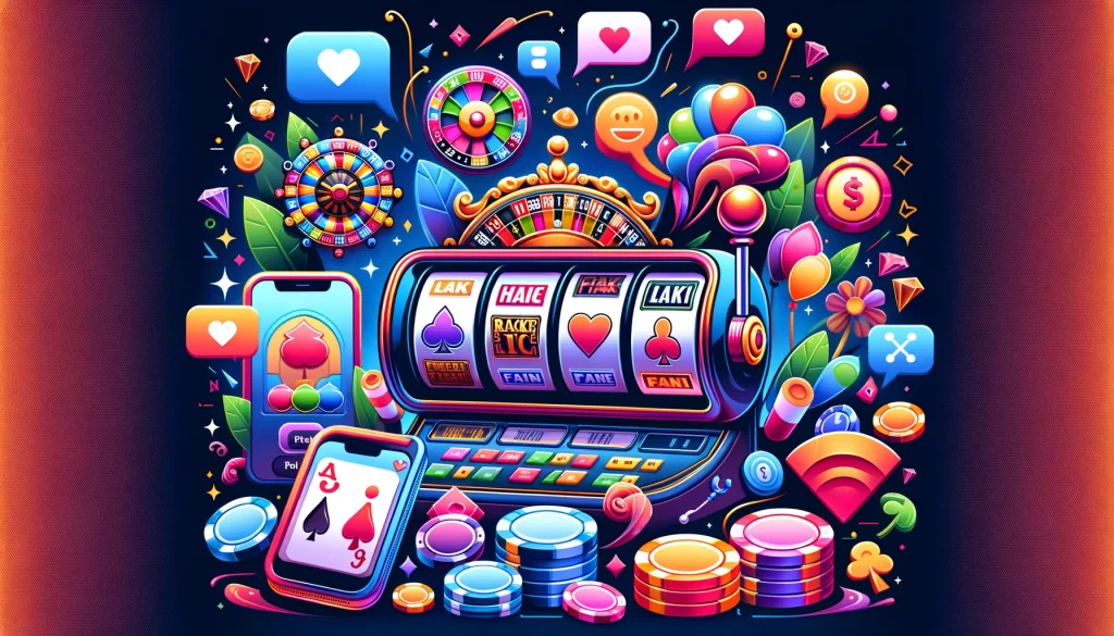 captures the essence of social casino games, showcasing vibrant elements like slot machines, playing cards, and social interaction icons.