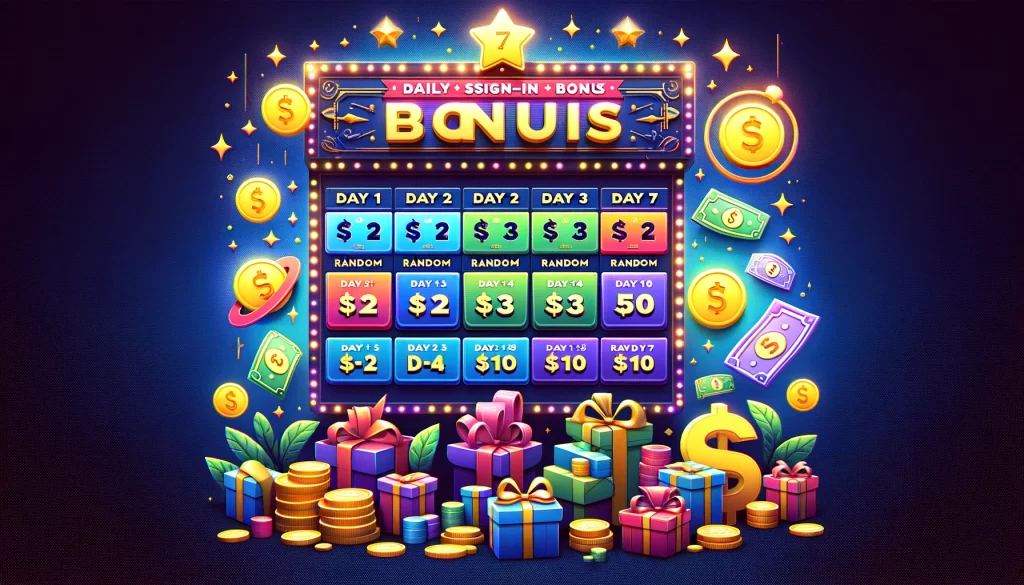 promotional poster highlighting the 7-day Daily Sign-In Bonus program. It's designed to visually represent the rewards for each day, with a vibrant and engaging layout.