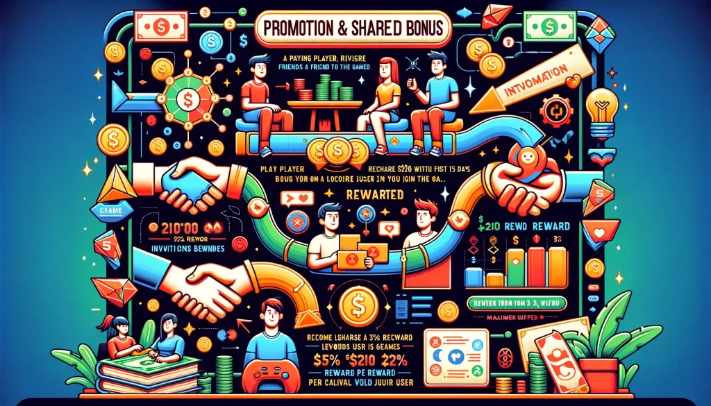 designed to highlight the 'Promotion & Shared Bonus' program, vividly illustrating the process and rewards involved in inviting friends to join the game.