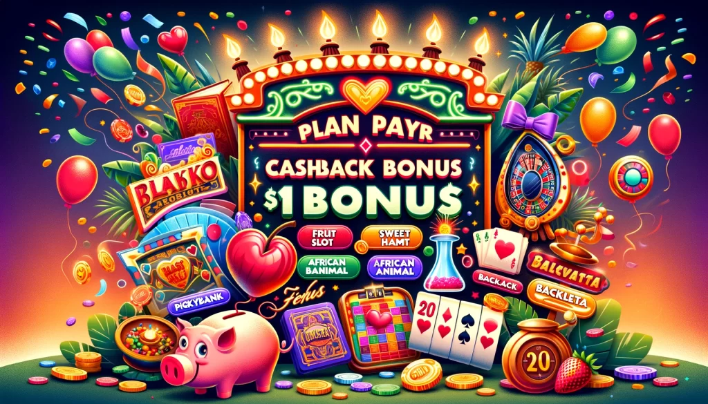 designed to celebrate the 'Cashback Bonus Fiesta', inviting players to earn bonuses by participating in their favorite games, vividly highlighted through unique and engaging icons.