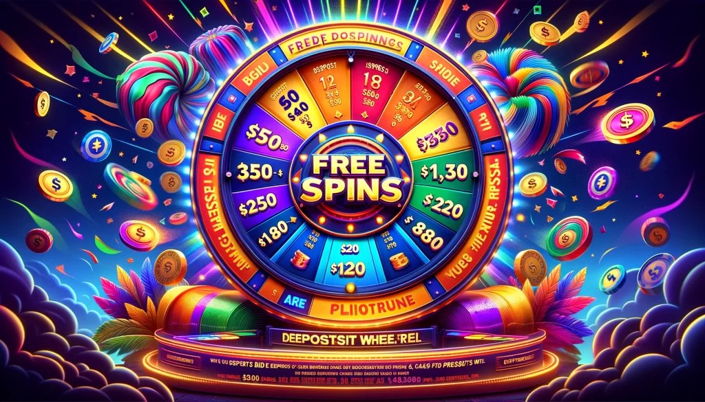 highlight the 'Free Spins' deposit wheel promotion. It visually represents the exciting opportunity to win big rewards with each deposit milestone